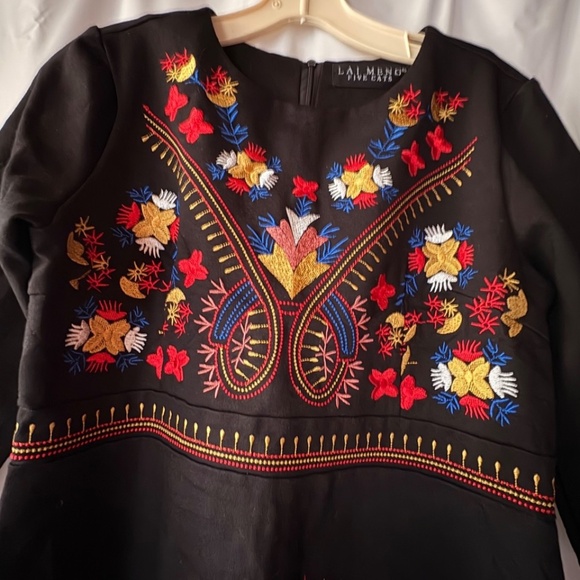 Lai Meng Five Cats Black Embroidered Flare Dress Zip Round Neck 3/4 Sleeve Large - Picture 4 of 11